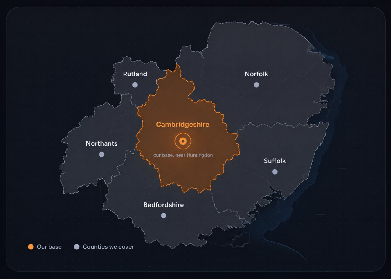 Map showing RobinsFire based in Cambridgeshire near Huntingdon, covering Northamptonshire, Norfolk, Suffolk, Bedfordshire and Rutland.