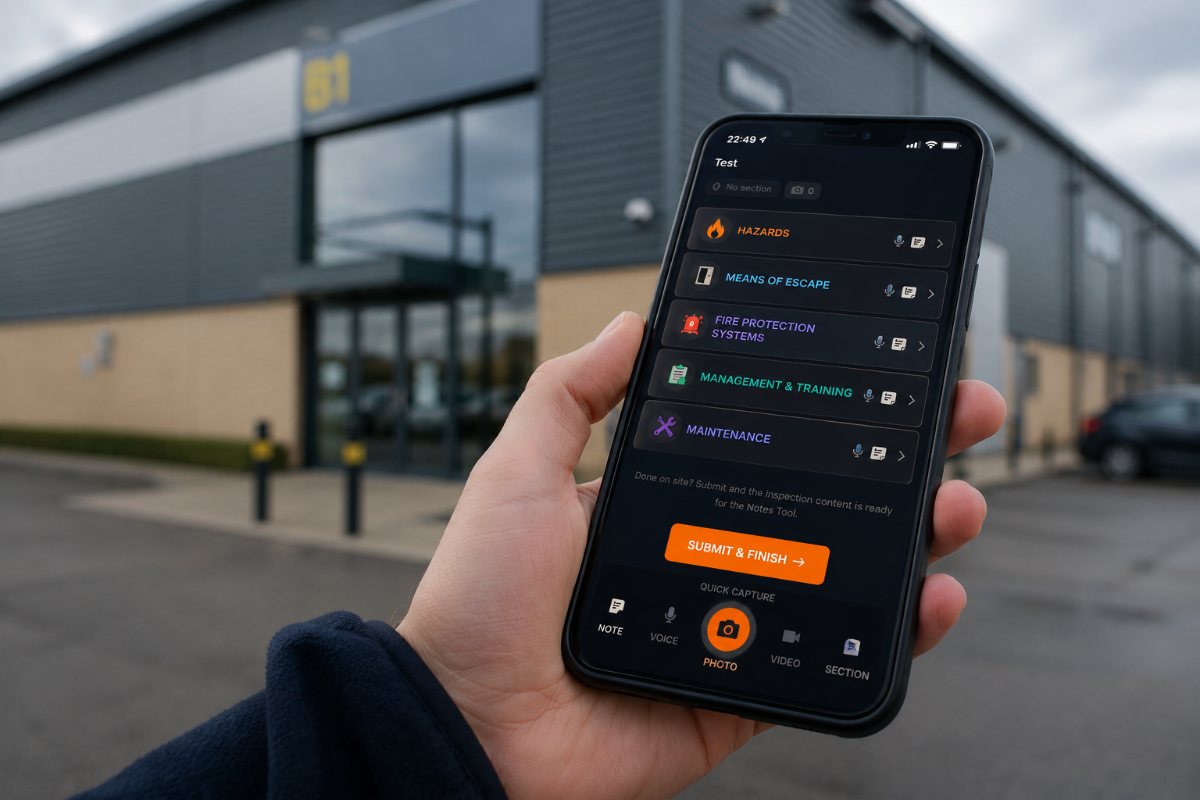 A RobinsFire assessor using the inspection app on site outside a commercial unit