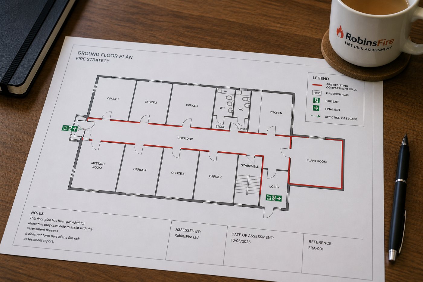 A marked-up fire strategy floor plan showing compartment walls, fire doors, exits and escape routes